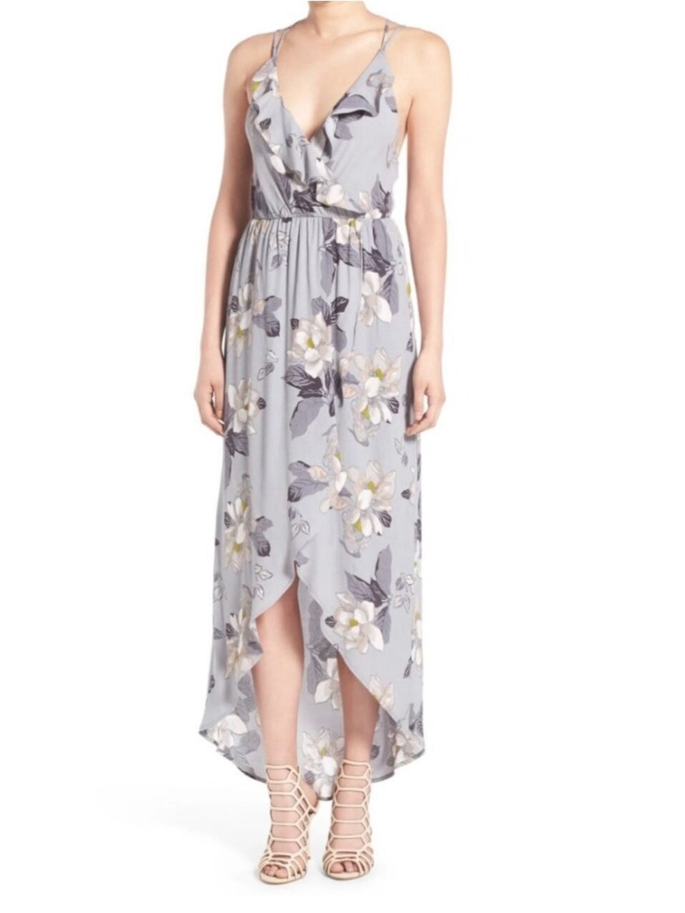 ASTR THE LABEL FLORAL RUFFLE SURPLICE HIGH LOW MAXI DRESS LARGE